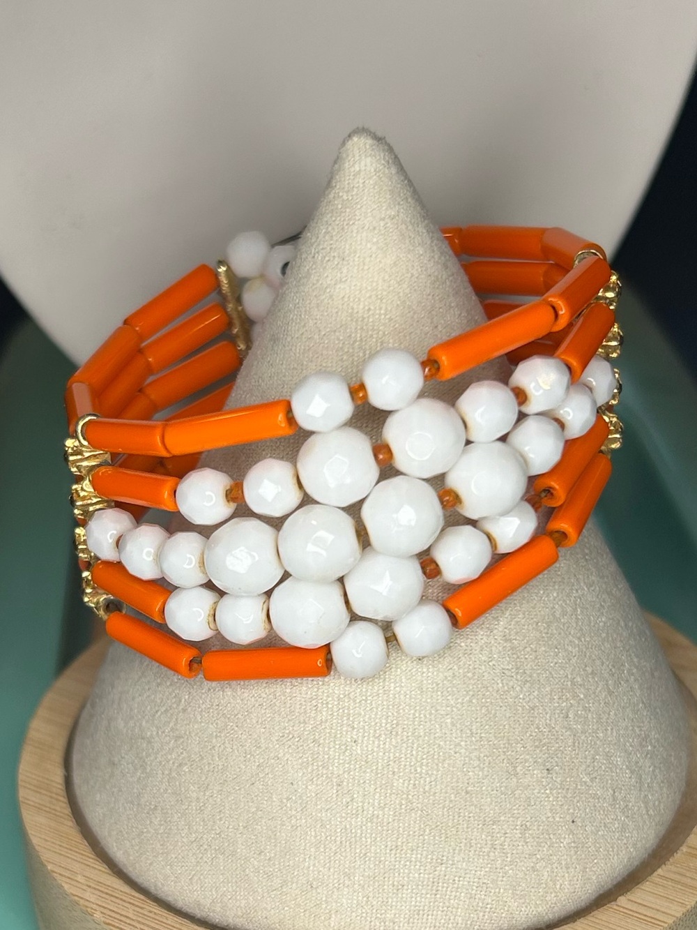 Vintage Eclectic Retro Mod Orange White Beaded Statement Cuff Bracelet